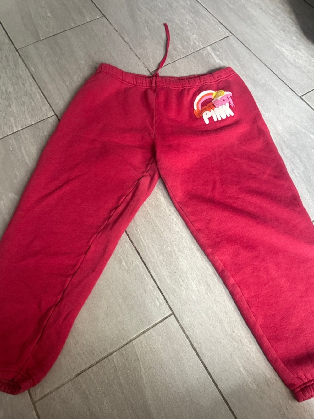 PINK Victoria's Secret Hot Pink Cropped Sweatpants with Rainbow Patch